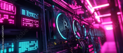 Futuristic crypto mining server room with glowing Bitcoin symbol.