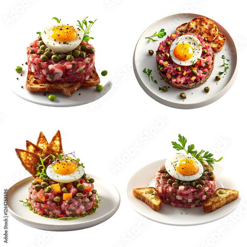 Gourmet beef tartare dishes served on elegant plates with garnishes and toasted bread, showcasing culinary art photo