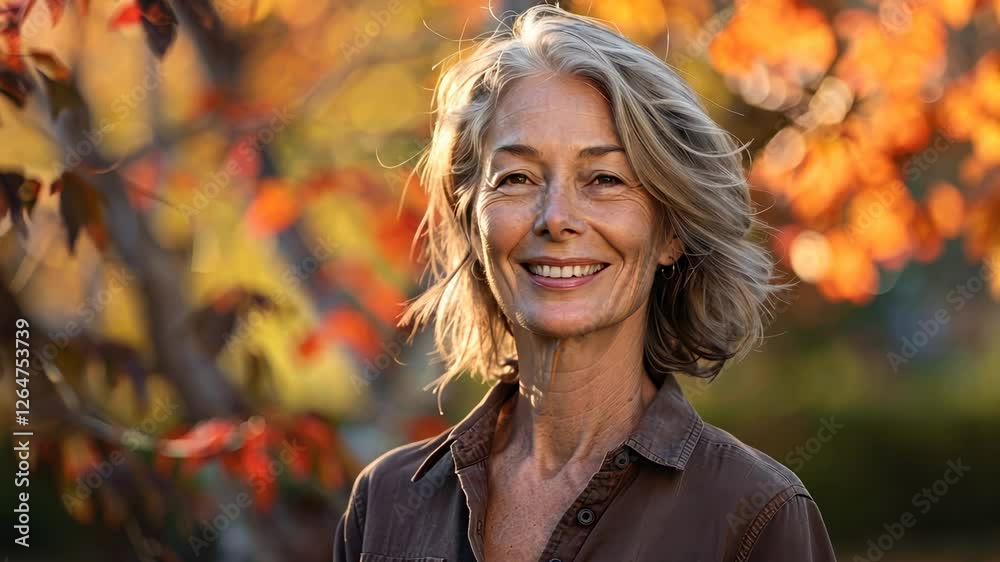 Smiling Middle-Aged Woman with Gray Hair in a Fall Setting Surrounded by Vibrant Autumn Leaves Smiling Middle-Aged Woman with Gray Hair in a Fall Setting Surrounded by Vibrant Autumn Leaves