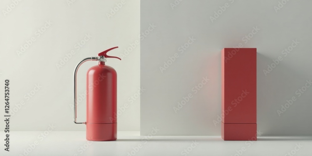Obraz premium A red fire extinguisher and a tall rectangular box rest against a minimalist white backdrop. This scene offers a clean and modern visual presentation ideal for safety or product display purposes.