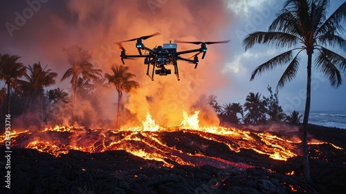Drone Capturing Eruption , Aerial View of Volcanic Lava Flow in Tropical Paradise