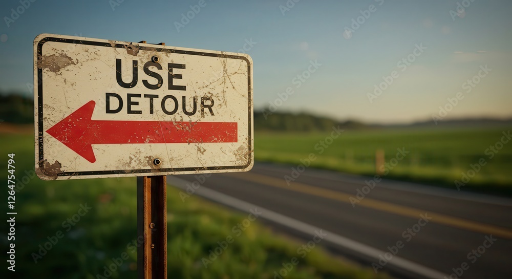 Weathered Detour Sign with Arrow on Roadside Guides Drivers Weathered Detour Sign with Arrow on Roadside Guides Drivers