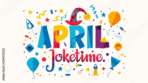 Happy April Joketime Festive Colorful Design with Balloons and Confetti