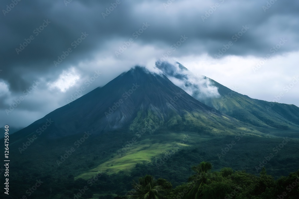 Low clouds enveloping the slopes of volcano create a dramatic and moody landscape, highlighting the lush tropical vegetation Low clouds enveloping the slopes of volcano create a dramatic and moody landscape, highlighting the lush tropical vegetation