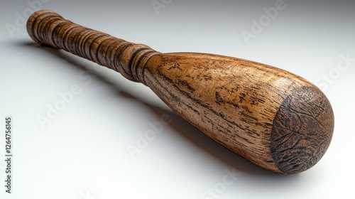 Close-up of a wooden baseball bat resting on a smooth surface, showcasing its texture and craftsmanship photo