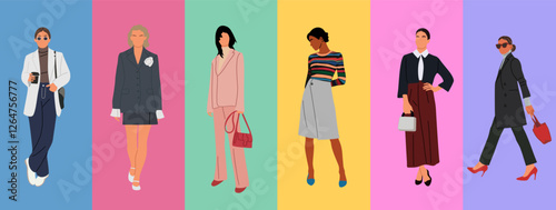 Modern business women collection. Stylish ladies in fashionable smart casual office outfits. Flat colorful vector illustrations isolated
