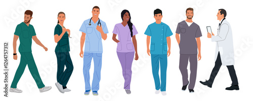 Set of smiling doctors, nurses, paramedics. Different male and female medic workers in uniform with stethoscopes walking. Flat cartoon vector illustrations isolated on transparent background. 