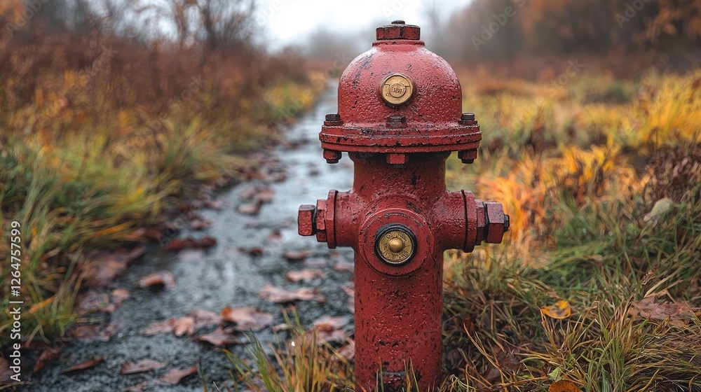 A vibrant red fire hydrant stands prominently in a misty autumn landscape with fallen leaves A vibrant red fire hydrant stands prominently in a misty autumn landscape with fallen leaves