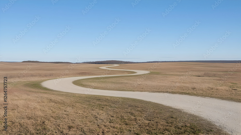 Winding path through dry field, clear sky; travel, journey concept Winding path through dry field, clear sky; travel, journey concept