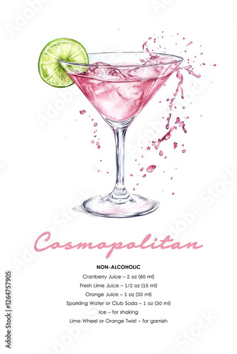 Wallpaper Mural Non-alcoholic Cosmopolitan cocktail recipe poster with watercolor illustration. Cranberry and citrus mocktail in martini glass. Refreshing drink menu template for design and print. Torontodigital.ca