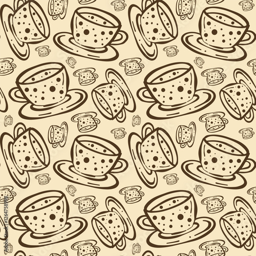 Pattern of cups and toasted bread in a simple design suitable for kitchen decor