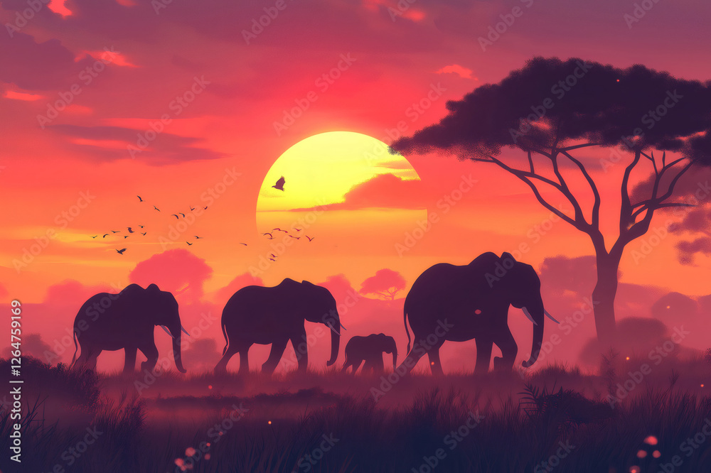 Obraz premium Herd of African elephants walking in the savanna at sunset with birds flying in the orange sky