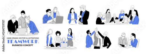 Business team members working together scenes. Business men and women Meeting, brainstorming, discussing, taking part in business activities. Vector colored line art illustrations isolated