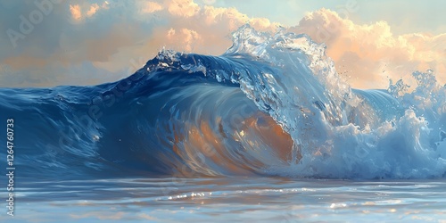 Fototapeta Pikselowana fala oceaniczna ze złotym światłem na tle pastelowej grafiki cyfrowej
