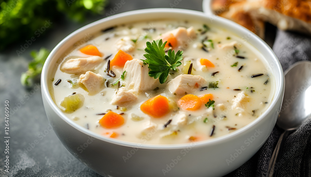 Chicken and Wild Rice Soup. Homemade fresh creamy soup with chicken, vegetables and wild rice in white bowl close up Chicken and Wild Rice Soup. Homemade fresh creamy soup with chicken, vegetables and wild rice in white bowl close up