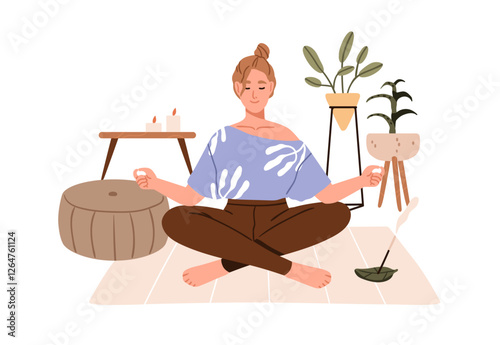Woman meditating at home. Calm girl in yoga pose with crossed legs, practicing mindfulness and peaceful relaxation. Relaxing meditation. Flat vector illustration isolated on white background