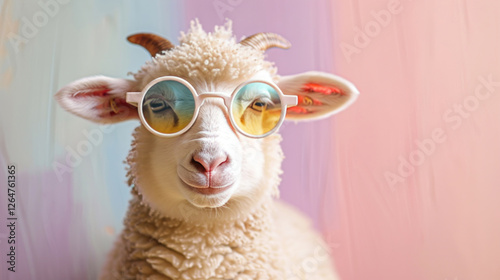 A sheep sports sunglasses, portrayed against a soft, pastel backdrop. photo