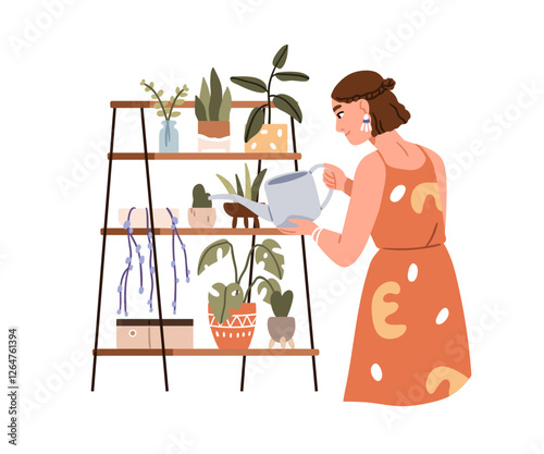 Woman watering houseplants. Girl caring for greenery, home garden, growing po...