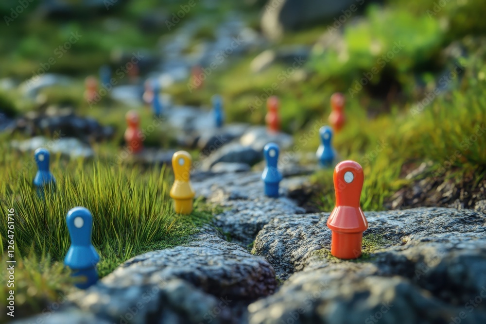 Colorful Game Pieces on Rocky Pathway Surrounded by Green Grass and Nature Elements Colorful Game Pieces on Rocky Pathway Surrounded by Green Grass and Nature Elements