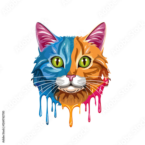 Portrait of a cute cat, dripping liquid colors vector icon design