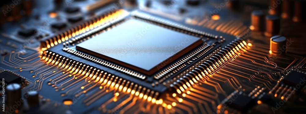 Microprocessor with intricate circuit board design illuminated by soft lighting, showcasing technology and innovation in electronics Microprocessor with intricate circuit board design illuminated by soft lighting, showcasing technology and innovation in electronics
