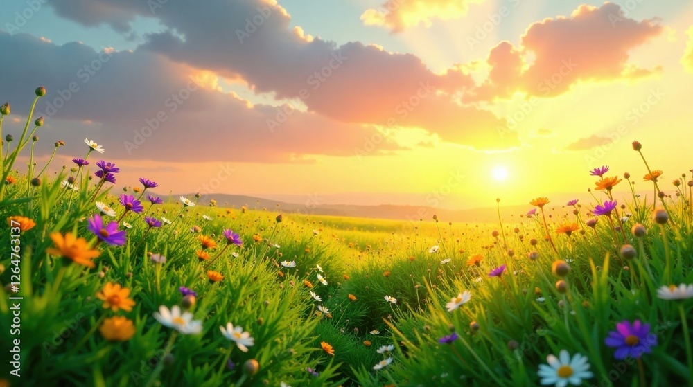 Fototapeta premium Serene Sunset Meadow Vibrant wildflowers bathed in the golden light of a breathtaking sunset, creating a picturesque landscape of tranquility and natural beauty.