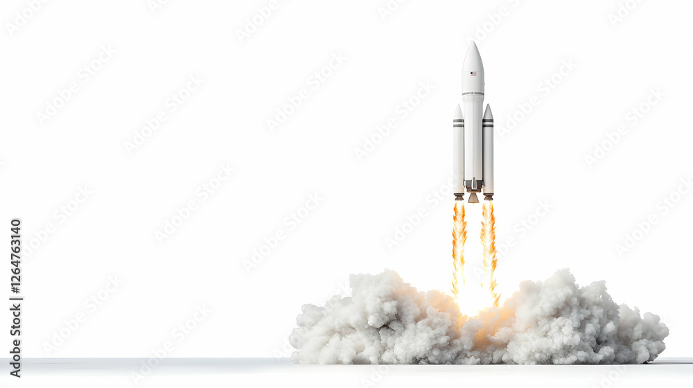 Fototapeta premium White space rocket launching upwards with fire and smoke trail isolated on white background.
