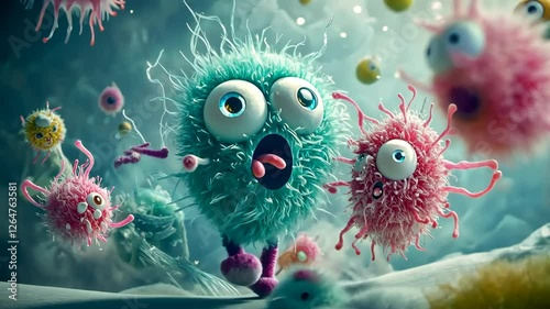 A cartoon of a pink and blue bug with a tongue sticking out. The bug is surrounded by other bugs, some of which are pink and some are blue. Scene is lighthearted and playful
