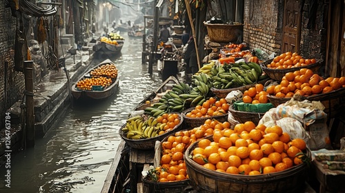 Vibrant Fruit Market on a Misty Canal in Asia