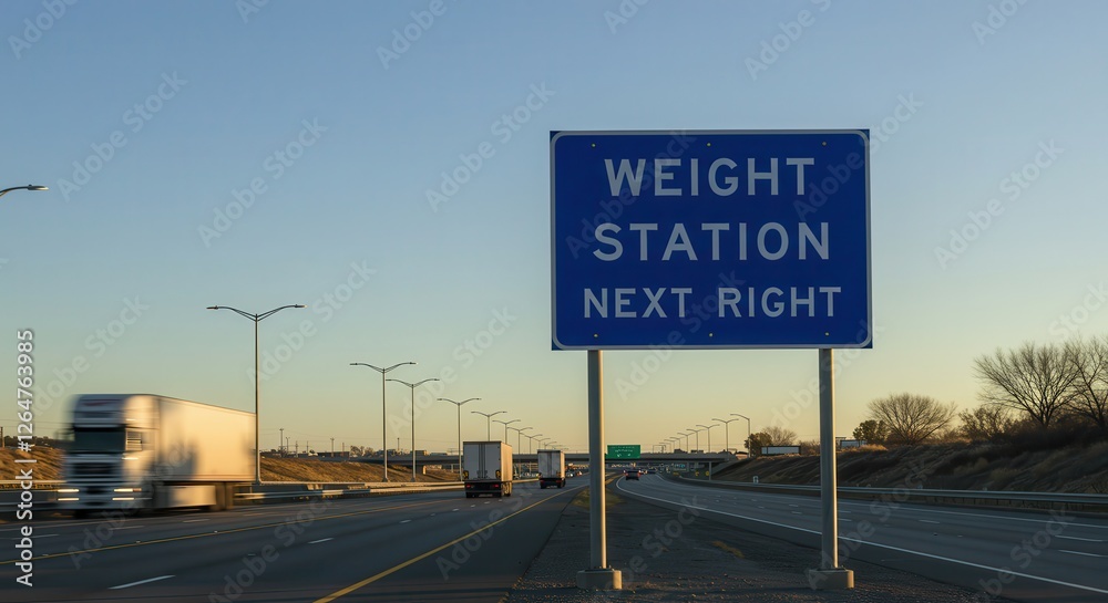Weight Station Sign on Highway with Truck Traffic at Sunset Weight Station Sign on Highway with Truck Traffic at Sunset
