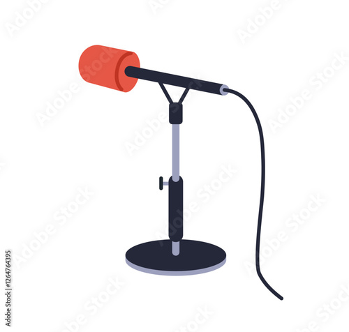 Microphone on stand with cable. Mic, professional audio equipment for broadcasting, recording, podcasting, live speech. Classic desktop mike. Flat vector illustration isolated on white background