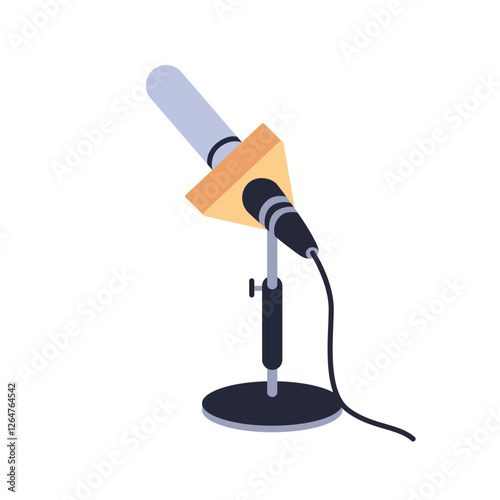 Microphone on desktop stand with cable. Professional mic, mike equipment for press conference, TV news reporting, broadcasting, journalism. Flat vector illustration isolated on white background