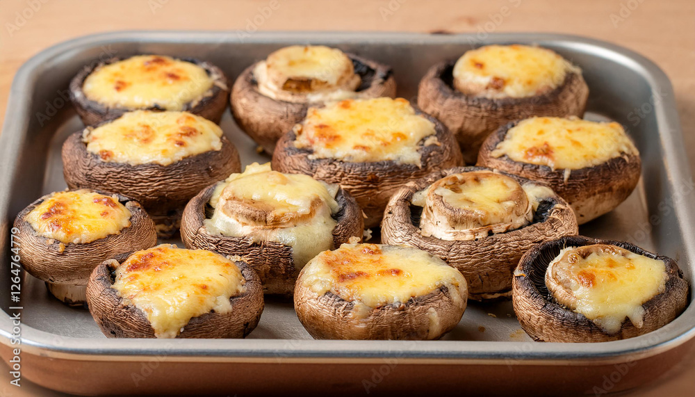 Oven-baked mushrooms with golden cheese on baking tray. Tasty dish. Delicious food. Cooking