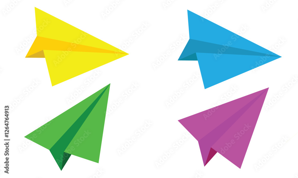 set of colorful paper airplanes. Paper airplane set. yellow, blue, green and violet paper plane isolated vector. airplane model flying icon on white background. set of colorful paper airplanes. Paper airplane set. yellow, blue, green and violet paper plane isolated vector. airplane model flying icon on white background.