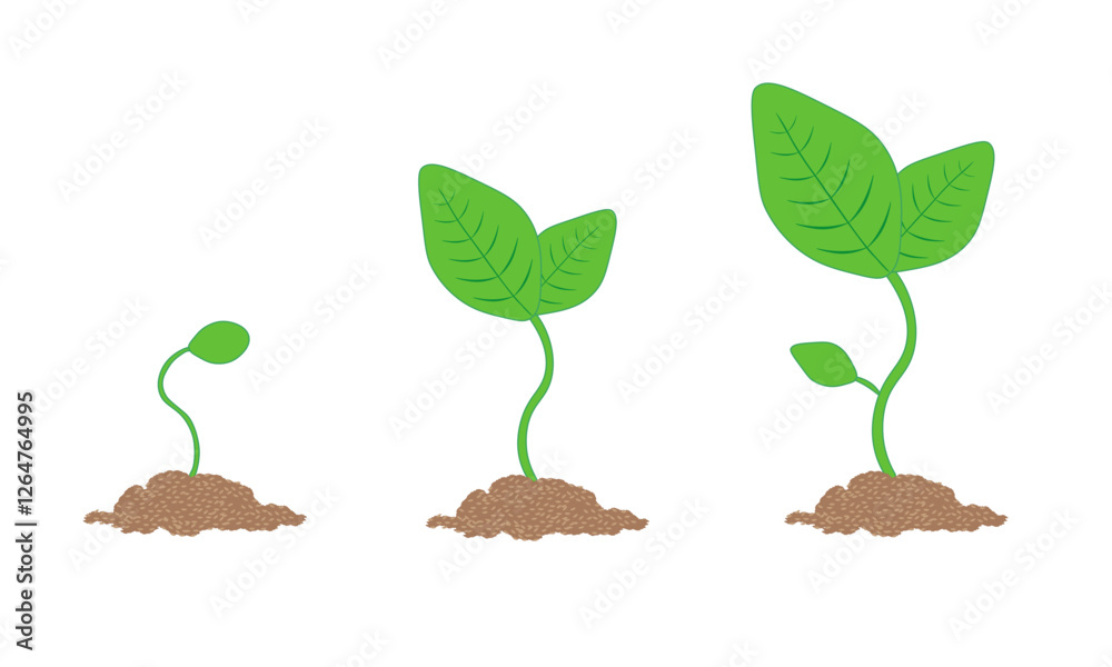 Young, fresh green plant, symbolizing new beginning. Sprout makes its way out of ground and stretches towards the sky and the sun's rays. Three icons, isolated on white background. Young, fresh green plant, symbolizing new beginning. Sprout makes its way out of ground and stretches towards the sky and the sun's rays. Three icons, isolated on white background.