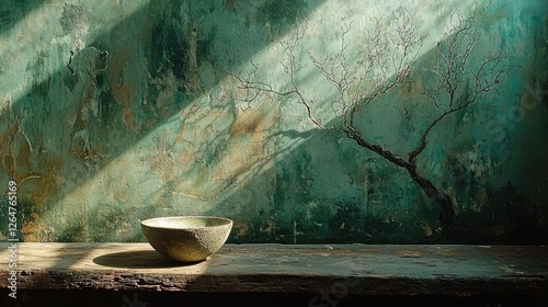 Serene still life of a textured bowl on a rustic table against a painted wall with shadows
