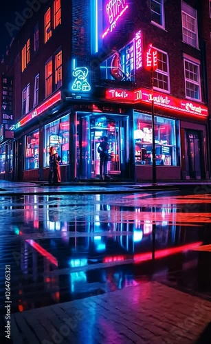 Vibrant neon-lit street corner with reflections at night
