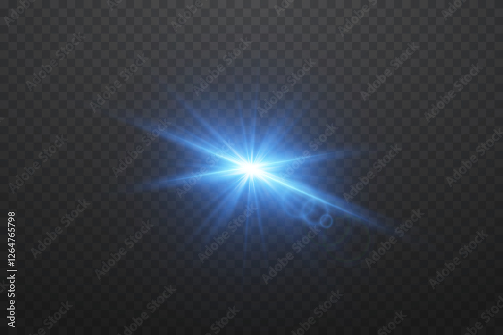 Blue glare of a star, flash of a lens and rays. On a transparent background.