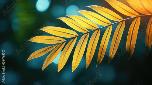 Golden fern leaf illuminated against a soft bokeh background, creating a serene natural atmosphere