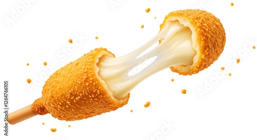 A floating crispy, cheesy Korean corn dog explodes with stretchy mozzarella, a delicious, savory treat.