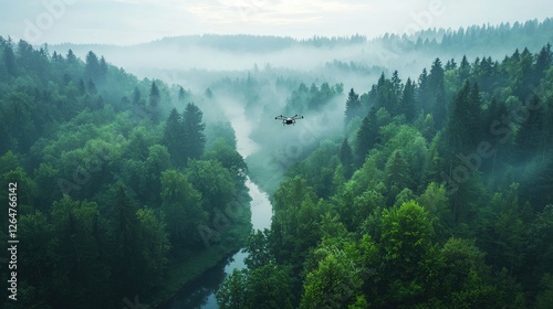 Drone Flight Over Misty Green Forest River
