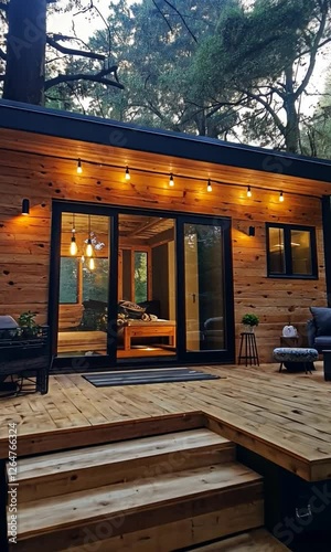 Modern wooden cabin with outdoor seating in serene forest