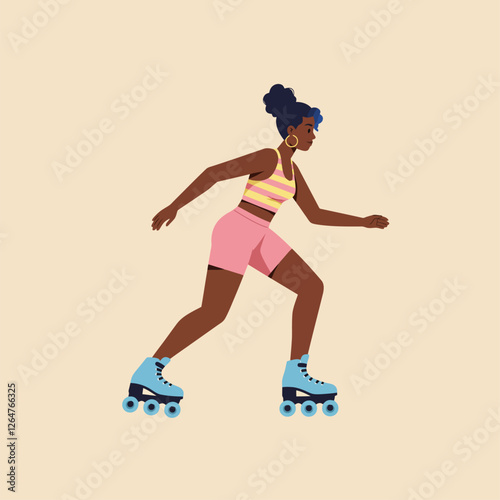 Woman Roller Skating Activity Illustration with Pink Outfit and Blue Skates