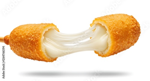 A floating crispy, cheesy Korean corn dog explodes with stretchy mozzarella, a delicious, savory treat.