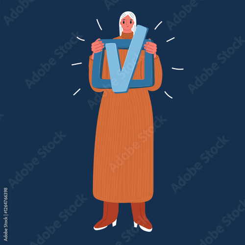 Cartoon vector illustration of a woman holding a check mark, symbolizing successful life planning and goal achievement over dark background