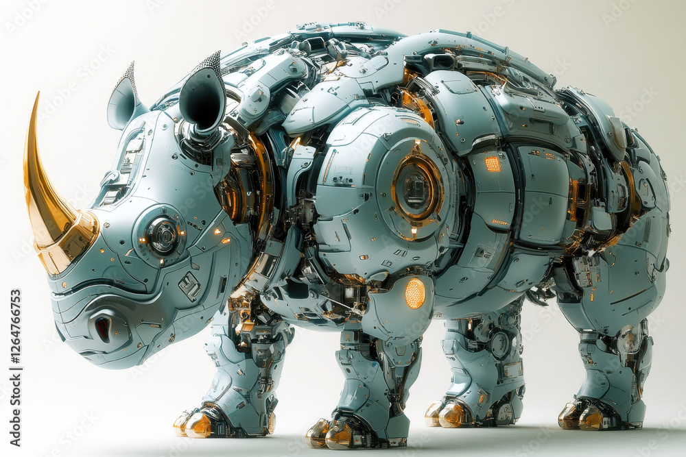 Robotic rhino model crafted in a futuristic design showcasing intricate mechanical details and a stylized aesthetic Robotic rhino model crafted in a futuristic design showcasing intricate mechanical details and a stylized aesthetic