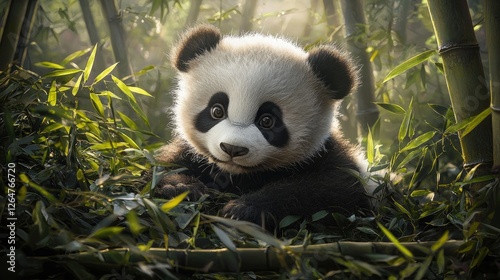 Adorable Panda Cub in Bamboo Forest