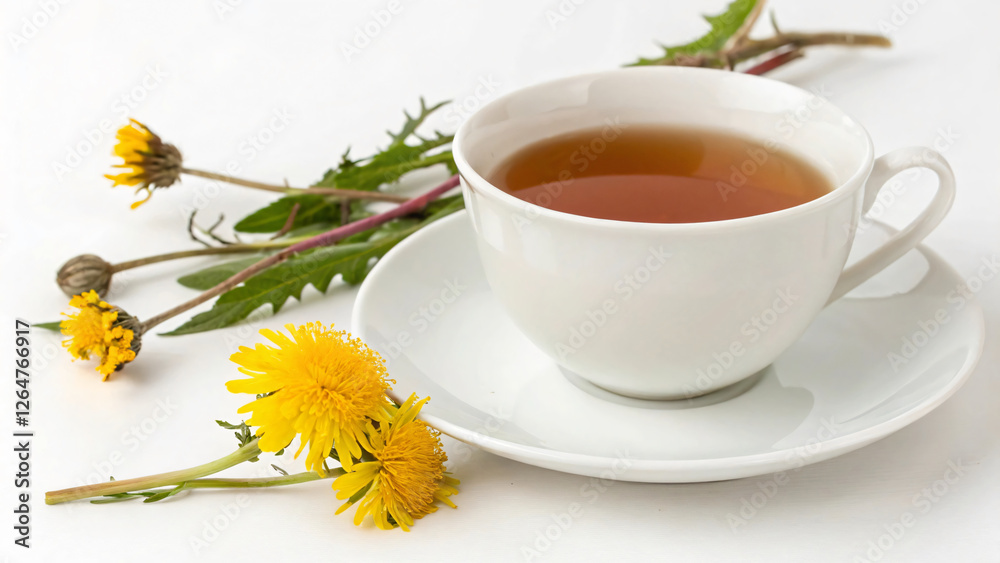 Herbal Tea in White Cup Accompanied by Fresh Dandelion Flowers on a Neutral Background Herbal Tea in White Cup Accompanied by Fresh Dandelion Flowers on a Neutral Background