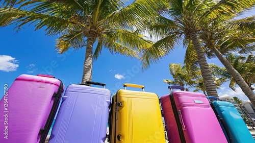 Colorful luggage arranged under palm trees against a bright blue sky, suggesting travel excitement
