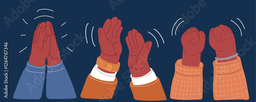 Cartoon vector illustration of hands applauding and fists raised in victory, symbolizing celebration and empowerment over dark background